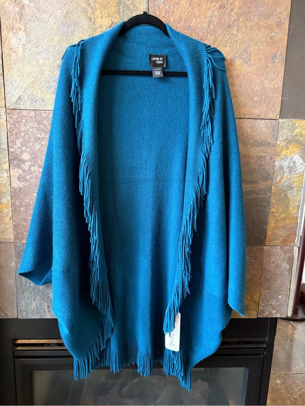 Teal blue Fringe Open-Front Sweater Poncho, plus 1 size. NWT fringe all around.